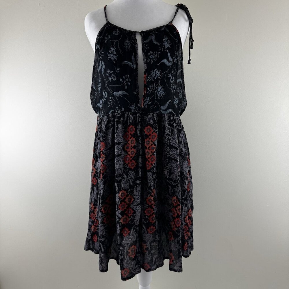 Free People Black Floral Mini Dress with Red Accents